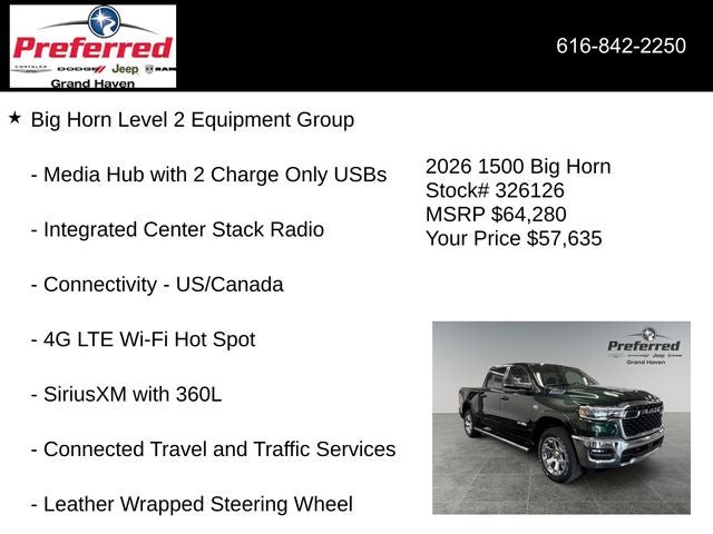 2026 RAM Ram 1500 RAM 1500 BIG HORN CREW CAB 4X4 5'7' BOX