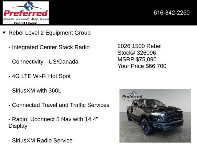 2026 RAM Ram 1500 RAM 1500 REBEL CREW CAB 4X4 5'7' BOX