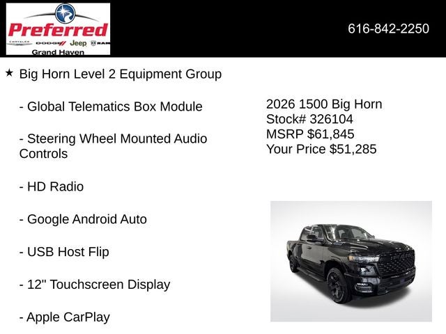 2026 RAM Ram 1500 RAM 1500 BIG HORN CREW CAB 4X4 5'7' BOX