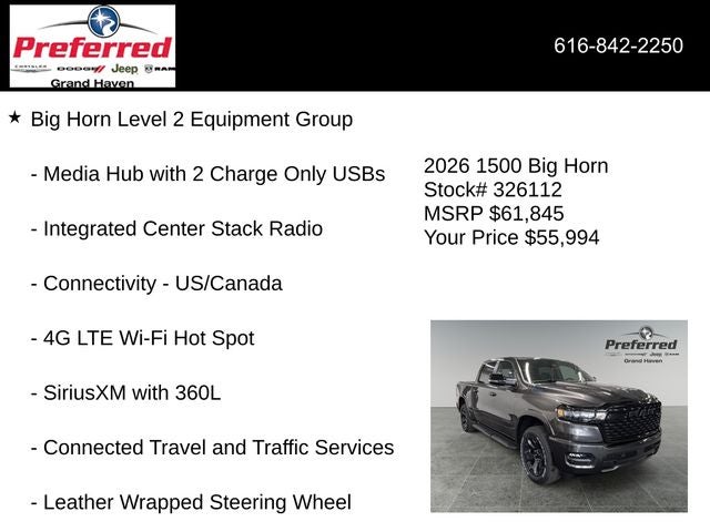 2026 RAM Ram 1500 RAM 1500 BIG HORN CREW CAB 4X4 5'7' BOX